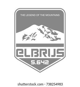 Mountain Elbrus in Caucasus, Russia outdoor adventure logo. Vector insignia. Climbing, trekking, hiking, mountaineering. 