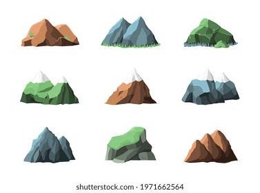 Mountain elements. Snow mountains, outdoor summer landscape. Climbing graphic, rocky hiking map icon. Flat mount hill recent vector silhouettes