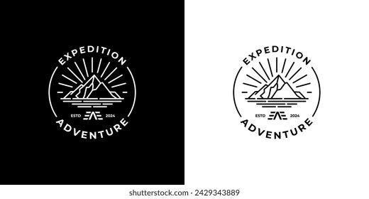 Mountain emblem logo design template. Minimalist line art adventure sun and sea logo vector.