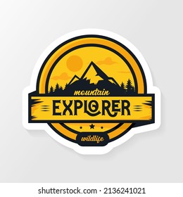 Mountain emblem logo, outdoor adventure emblem, badge and mountain logo. Mountain tourism, hiking. Jungle camp label in vintage style.