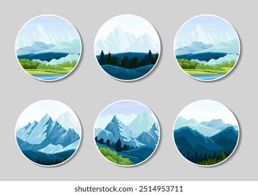 Mountain emblems set. Adventure and wilderness. Hiking and camping, active lifestyle. Journey, trip and travel. Beautiful natural scene. Flat vector collection isolated on grey background