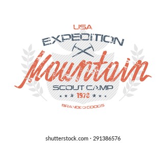 Mountain emblems with shabby texture. Graphic design for t-shirt. Color print on white background