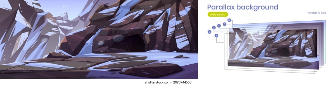 Mountain with entrance to dark cave or mine. Vector parallax background for 2d animation with cartoon illustration of winter landscape with rocks, snow and deep stone cavern