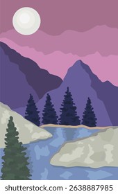 Mountain evening landscape with fir trees. Nature scenery with pines, river and full moon