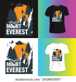 mountain everast typography graphics for slogan tee shirt with sun and stripes.