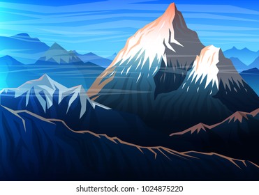 Mountain everest, Evening panoramic view of peaks, landscape early in a daylight. travel or camping, climbing. Outdoor hill tops, Nepal.