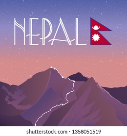 Mountain everest, Evening panoramic view of peaks, landscape in a nigt. travel or camping, climbing. Outdoor hill tops national park, Nepal.