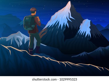 Mountain everest with tourist, Night panoramic view of peaks, landscape early in a daylight. travel or camping, climbing. Outdoor hill tops national park, Khumbu valley, Nepal.