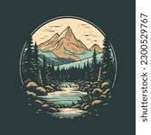 Mountain evergreen pine forest and river scene vintage badge logo vector illustration