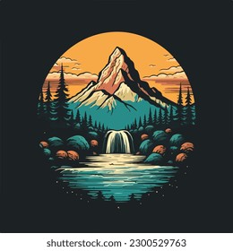 Mountain evergreen pine forest and river scene vintage badge logo vector illustration