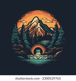 Mountain evergreen pine forest and river scene vintage badge logo vector illustration