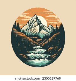 Mountain evergreen pine forest and river scene vintage badge logo vector illustration