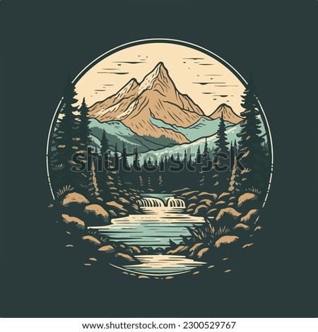 Mountain evergreen pine forest and river scene vintage badge logo vector illustration