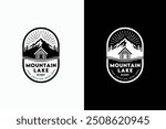 Mountain Evergreen Pine Forest view with cabin for family village cottage house rent emblem badge label logo design