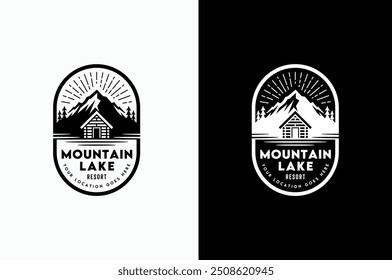 Mountain Evergreen Pine Forest view with cabin for family village cottage house rent emblem badge label logo design