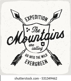 Mountain Evergreen print in black and white for t-shirt or apparel. Retro outdoor adventure style graphic with old school typography for fashion and printing. Vintage effects are easily removable.