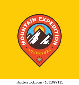 Mountain expedition badge design. Adventure traveling logo. Hiking Climbing emblem. Vector illustration. 