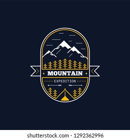 Mountain expedition badge design. Line art illustration. Climbing, trekking, hiking emblem