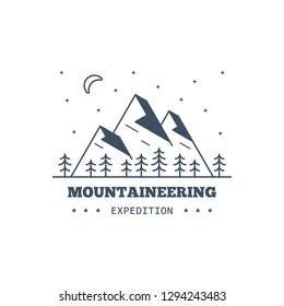 Mountain expedition badge design. Line art illustration. Climbing, trekking, hiking emblem