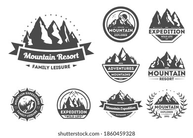 Mountain expedition badge set. Isolated flat adventure emblem symbol design icons. Nature travel sign label vector illustration