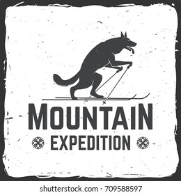 Mountain expedition badge. Vector illustration. Concept for shirt or logo, print, stamp or tee. Vintage typography design with wolf on the ski silhouette. Outdoors adventure emblem.