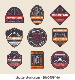 Mountain expedition and camping badge set. Isolated flat hiking adventure emblem symbol design icons. Nature travel sign label vector illustration