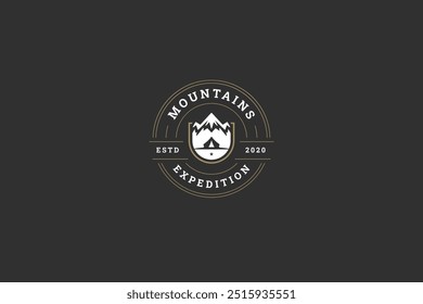 Mountain expedition center extreme sport camping travel circle retro logo design template vector flat illustration. Mountaineering tourism hiking climbing summer exploration discovery logotype