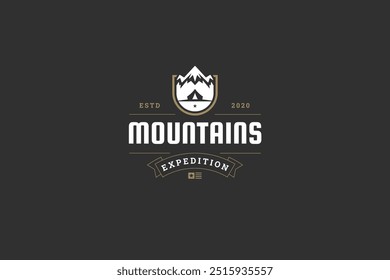 Mountain expedition club hiking travel adventure retro logo design template vector flat illustration. Snowy rock cliff with camping nature climbing exploration discovery inspiration logotype