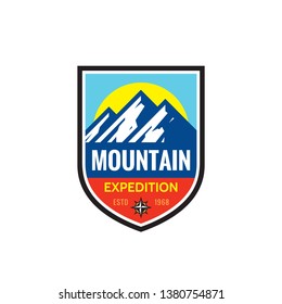 Mountain expedition - concept badge. Climbing logo in flat style. Extreme exploration sticker symbol.  Camping & hiking creative vector illustration. Adventure outdoors. Graphic design element.  