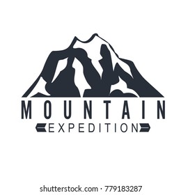 Mountain expedition label. Graphic design for t-shirt. Blue navy print on white background