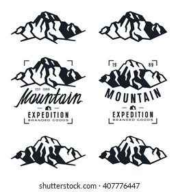 Mountain expedition labels, badges and design elements. Black  print on white background