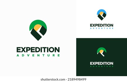 Diseños del logo de Mountain Expedition como vector de concepto, símbolo del logo de Outdoor Adventure