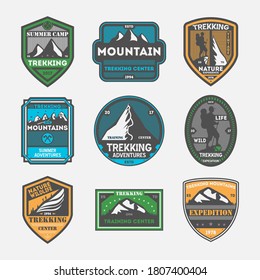 Mountain expedition logo. Vintage nature experience, mountain expedition and adventure logo isolated vector set on white background. Trekking training center and summer mount camp insignia badge