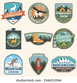 Mountain expedition and outdoor adventure badges. Vector illustration. Concept for badge, patch, shirt, print, stamp or tee. Design for hiking emblems, mountains emblem badges, outdoors hill travel