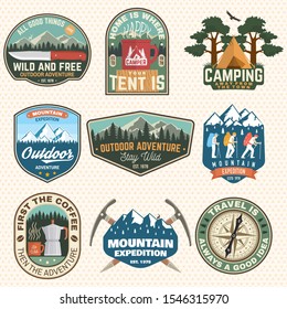 Mountain expedition and outdoor adventure badges. Vector illustration. Concept for badge, patch, shirt, print, stamp or tee. Design for hiking emblems, mountains emblem badges, outdoors hill travel