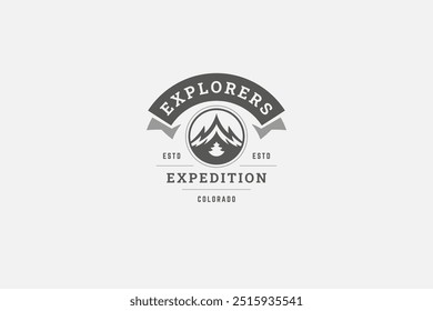 Mountain expedition travel discovery exploration retro logo design template vector flat illustration. Extreme sport mountaineering explore hiking climbing tourism minimalist logotype with ribbon