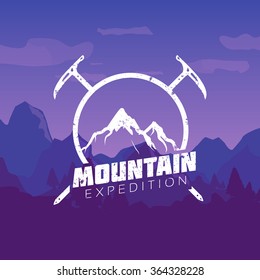Mountain expedition. Mountain Vintage Logo Template Sign on Colorful landscape picture. Vector Illustration for Advertising, Shop, T-shirt, Adventure Equipment and other Art Works and Design.