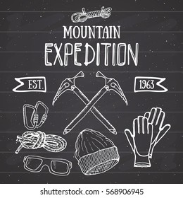 Mountain expedition vintage set. Hand drawn sketch elements for retro badge emblem, outdoor hiking adventure and mountains exploring label, Extreme sports, hipster design, vector illustration