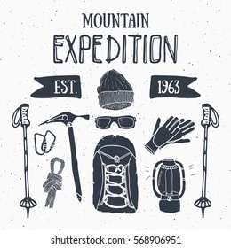 Mountain expedition vintage set. Hand drawn sketch elements for retro badge emblem, outdoor hiking adventure and mountains exploring label design, Extreme sports, vector illustration
