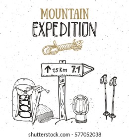 Mountain expedition vintage set. Hand drawn sketch elements for retro badge emblem, outdoor hiking adventure and mountains exploring label design, Extreme sports, vector illustration