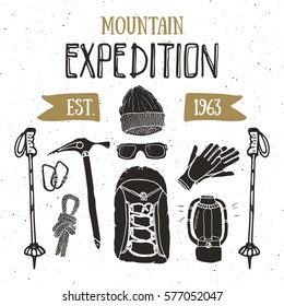 Mountain expedition vintage set. Hand drawn sketch elements for retro badge emblem, outdoor hiking adventure and mountains exploring label design, Extreme sports, vector illustration