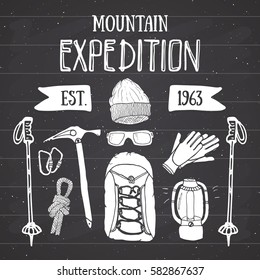 Mountain expedition vintage set. Hand drawn sketch elements for retro badge emblem, outdoor hiking adventure and mountains exploring label, Extreme sports, hipster design, vector illustration