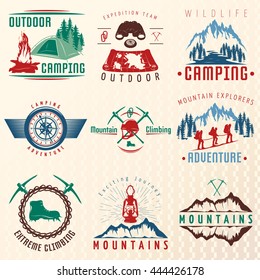 Mountain expeditions colorful emblems with rocks boots ice axe lantern map binoculars climbing team isolated vector illustration