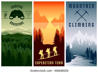 Mountain expeditions vertical banners set with natural landscape climbing team camping adventure isolated vector illustration