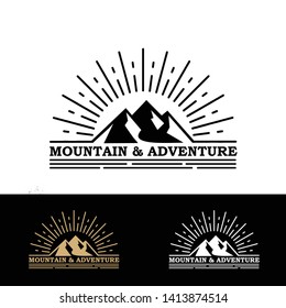 mountain exploration outdoor activity symbol with retro sunlight. mountain landscape background 