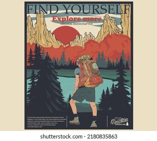 Mountain explore digital painting t shirt vector design. Wild lake print artwork for apparel, sticker, batch, background, poster and others.  Take a hike print.