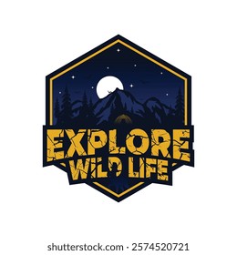 Mountain explore outdoor emblems, Camping outdoor adventure logo, Forest camp logo in vintage style