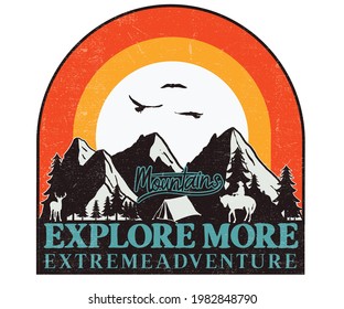 Mountain explore retro vector design.  Outdoors Camping artwork for tee.  