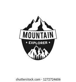 Mountain Explorer Badge. Camping adventure emblem in silhouette retro style. Featuring mountains and forest. Travel logo, patch. Stock vector hiking label isolated on white background.