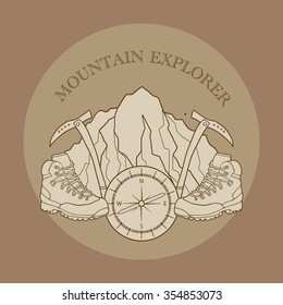 Mountain Explorer, Emblem, patch with hiking boots, ice picks and a compass, vector illustration